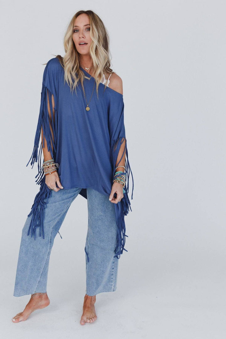 Western Showstopper Fringe Top - Denim
