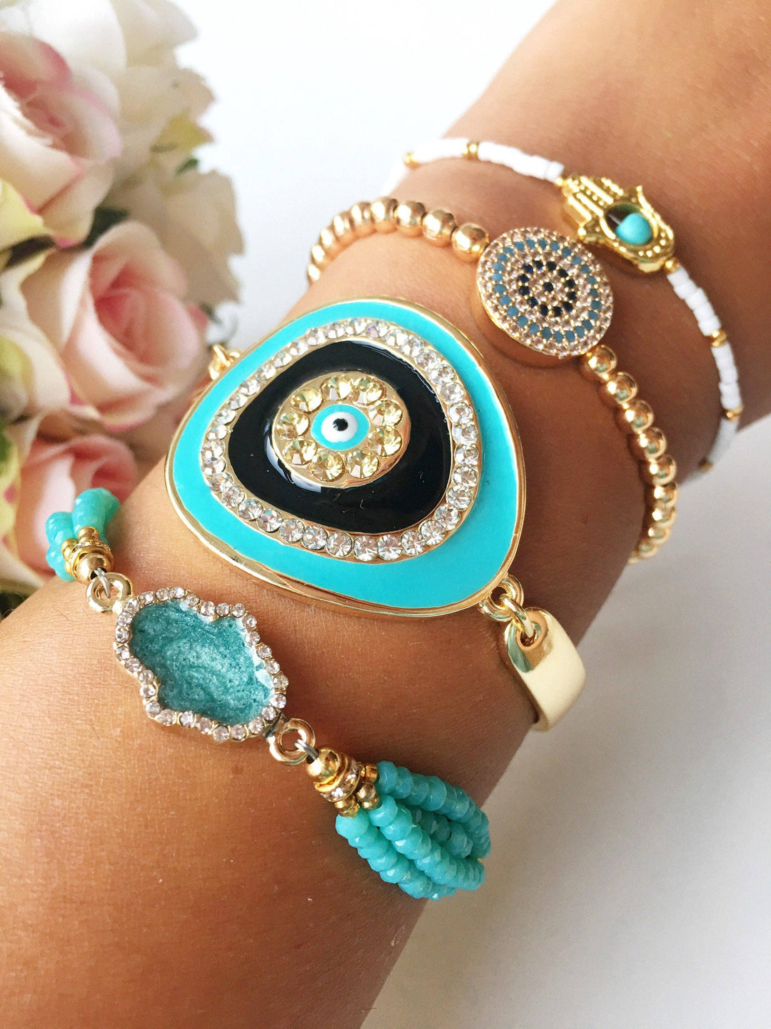 Adjustable Gold Bracelet: Style 1 in Pink (Hamsa Hand)