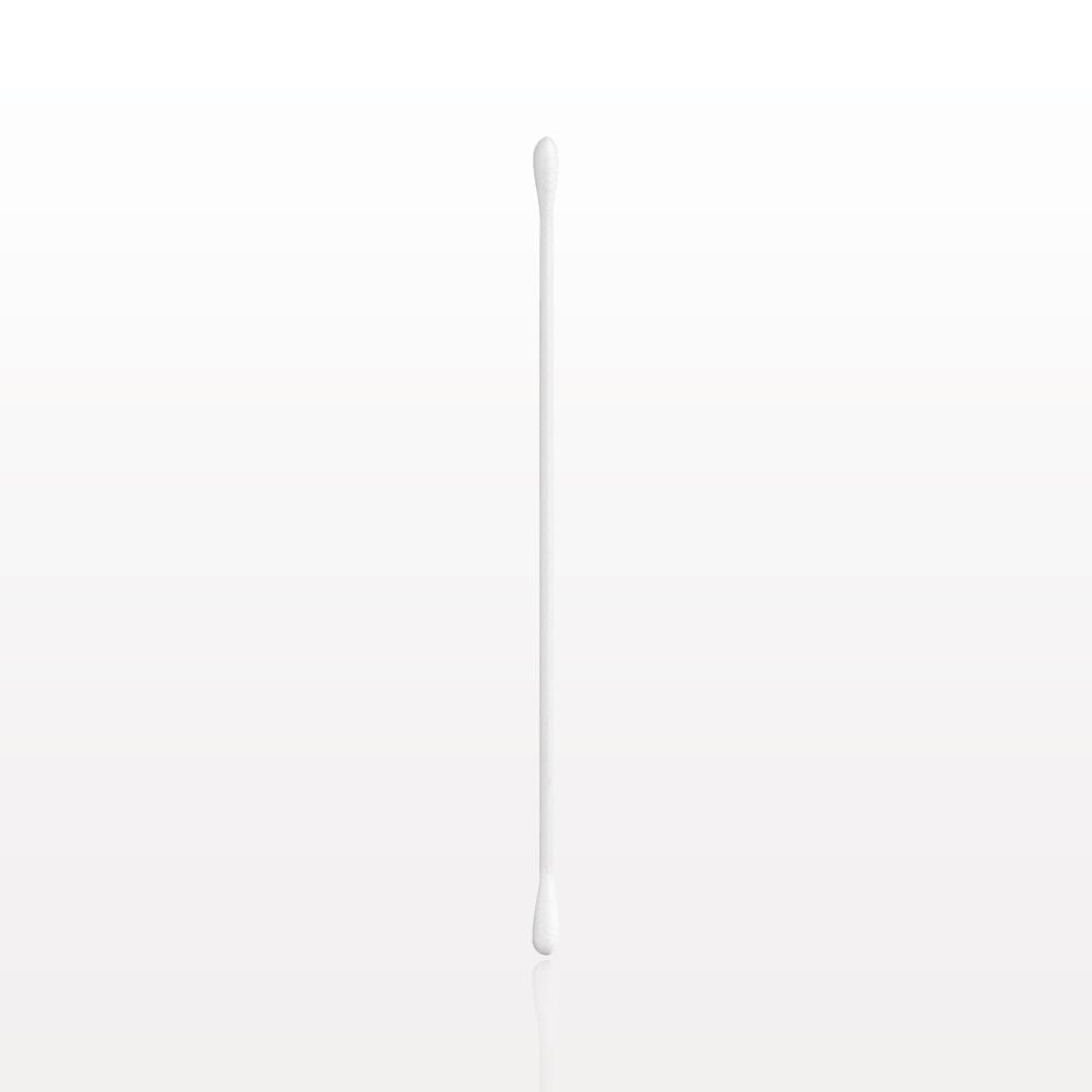 A single white cotton swab with dual rounded tips, vertically centered on a clean white background with a subtle reflection below.