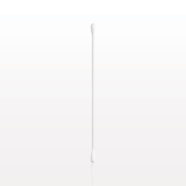 A single white cotton swab with dual rounded tips, vertically centered on a clean white background with a subtle reflection below.