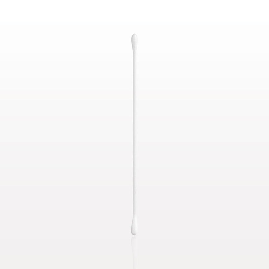 A single white cotton swab with dual rounded tips, vertically centered on a clean white background with a subtle reflection below.