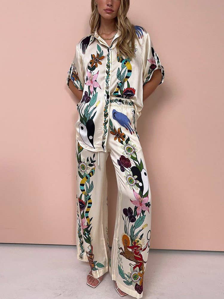 Loose Vintage Print Shirt Trouser Set