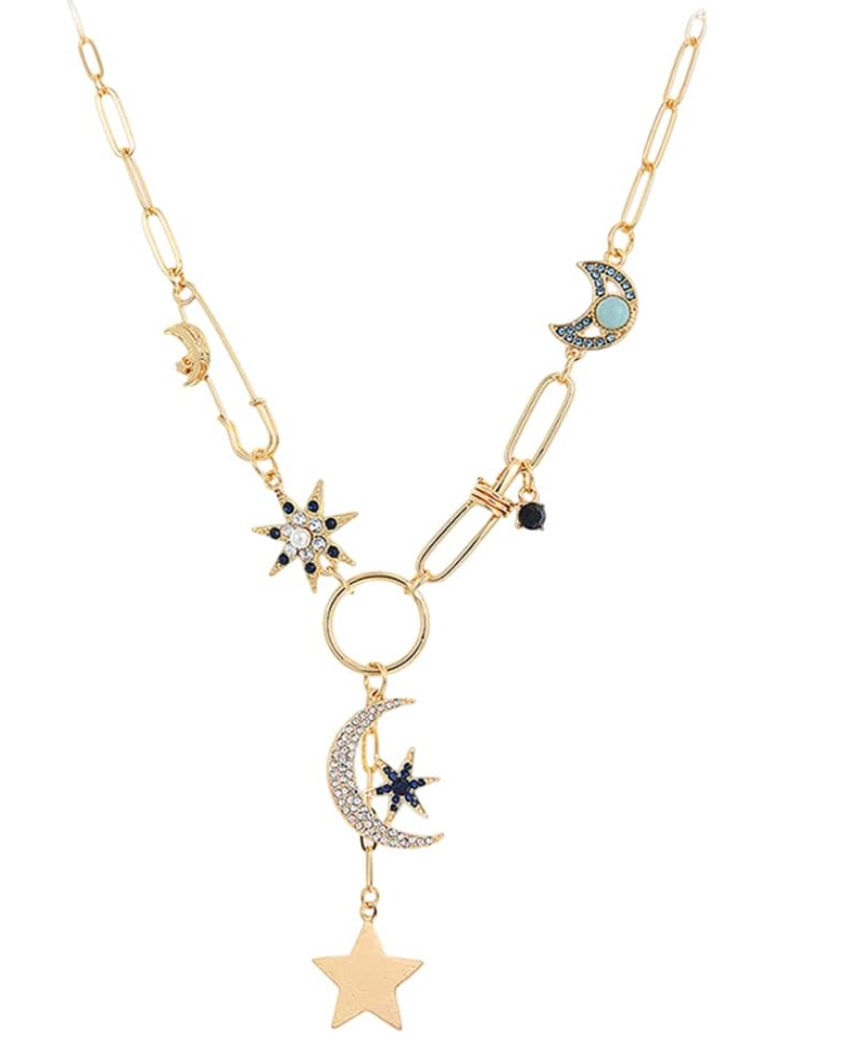 Celestial Coin Charm Hamsa Necklace with Lariat Moon