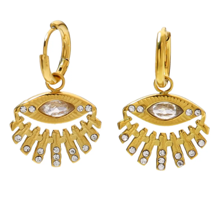 Evil Eye Charm Hoop Earrings- Stainless Steel 14K