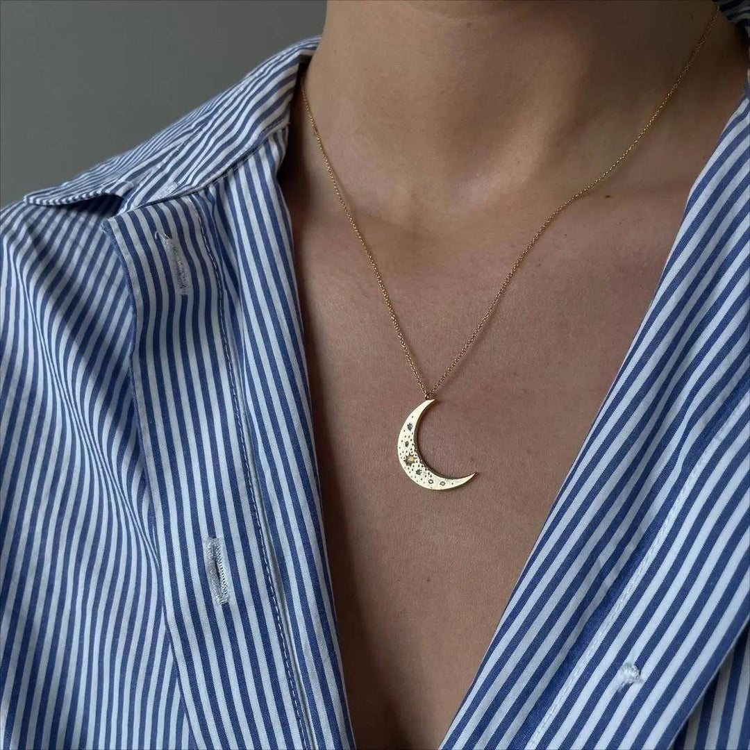 Crescent Moon Opal and Crystal Steel 14K Gold Necklace
