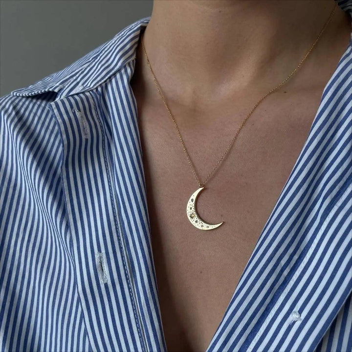 Crescent Moon Opal and Crystal Steel 14K Gold Necklace
