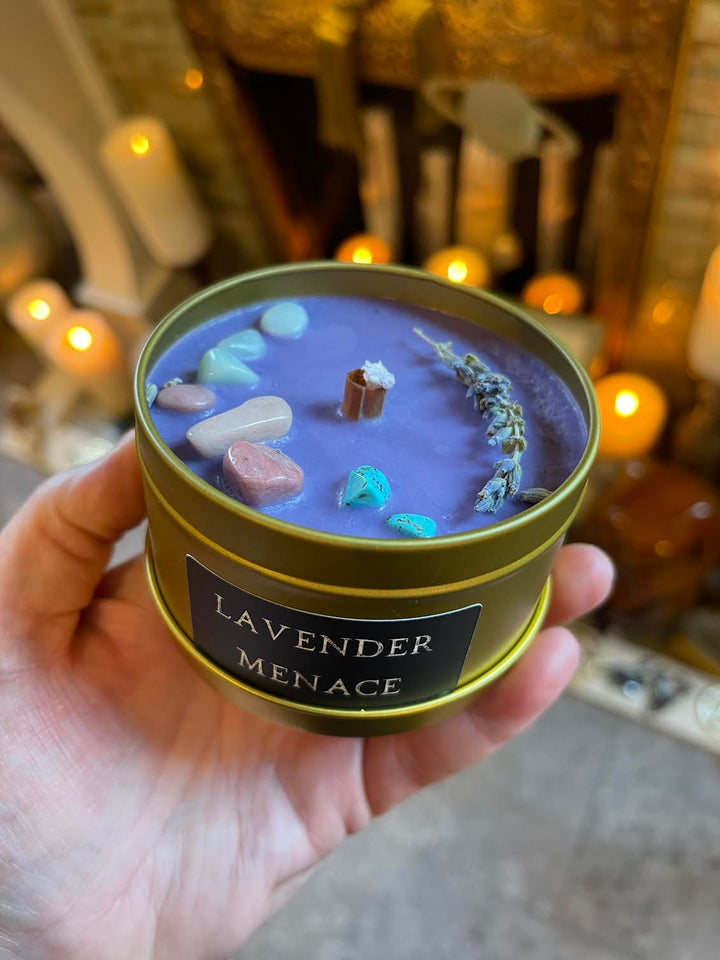 This is the front of the Lavender Menace candle 