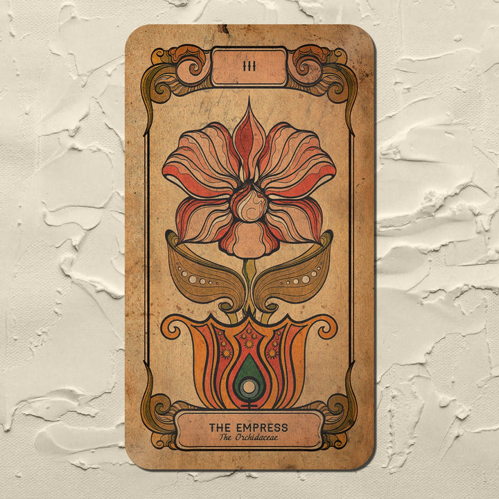 This is a card that holds beautiful strong female energy from the Botanica Oculta Tarot Deck!