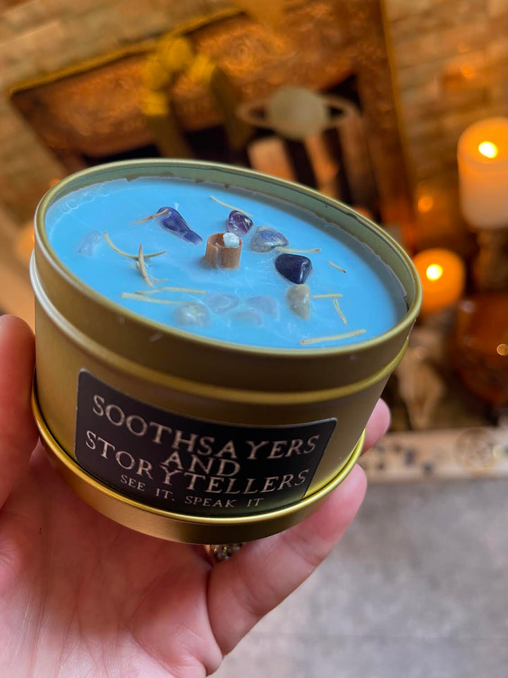 This is the front of the Soothsayers and Storytellers candle
