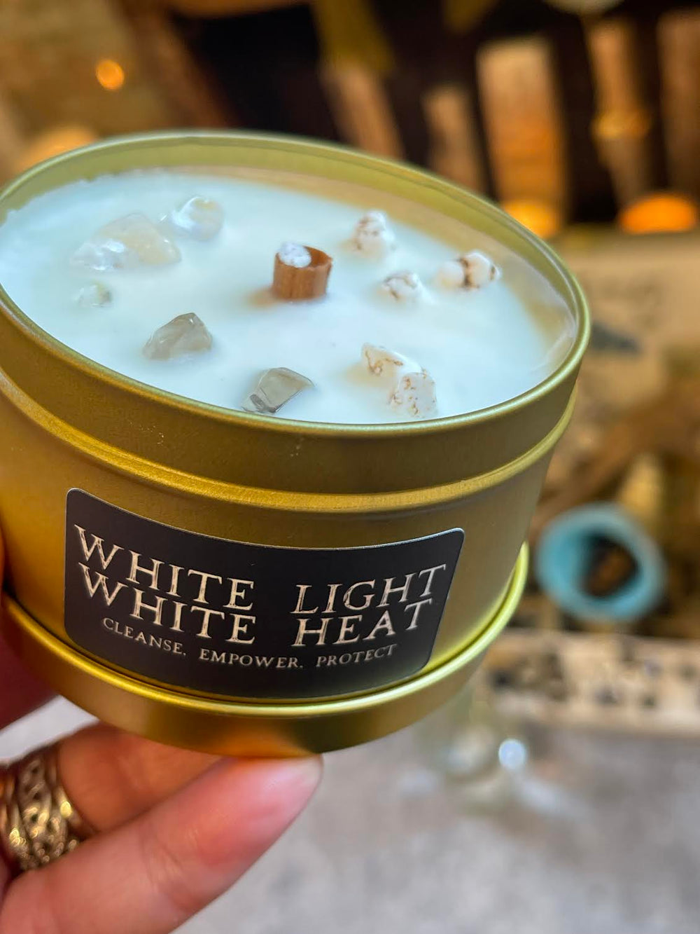 This is the front of the White Light, White Heat candle