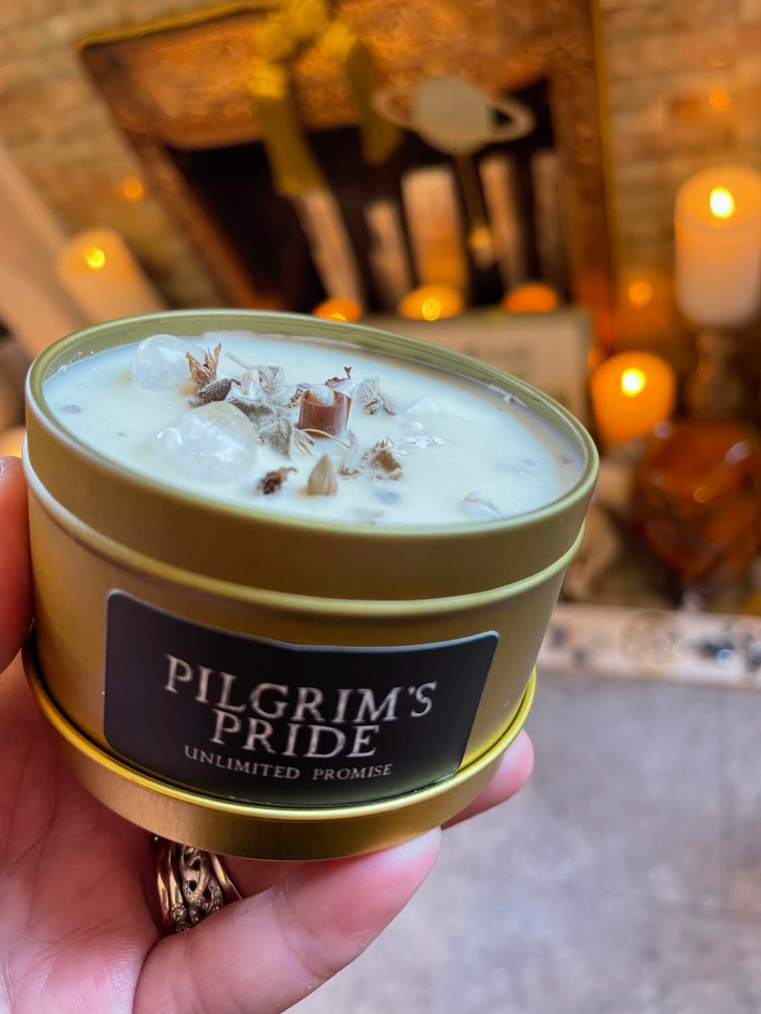 this is the front of the Pilgrim's Pride candle