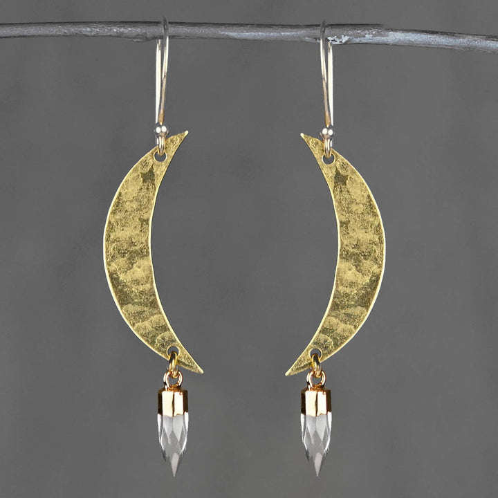Long Hammered Moon w/ Semi Precious Crystal Point Earrings