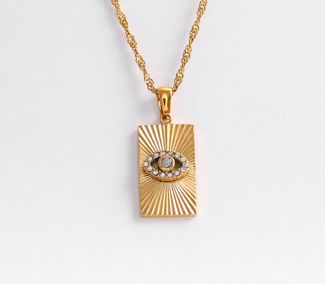 Golden Ray Evil Eye Pendant Necklace – Crystal Protection Amulet