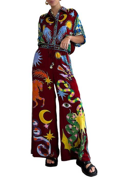 Wonderland print polyester blouse pants 2 piece set