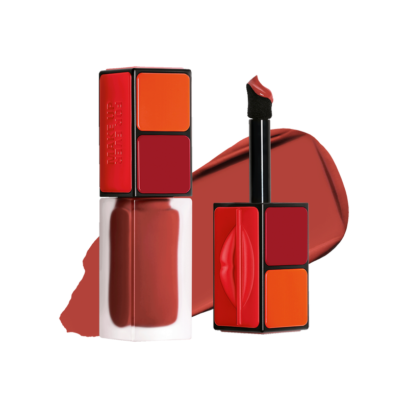 Red and orange makeup set with a compact case on a white background