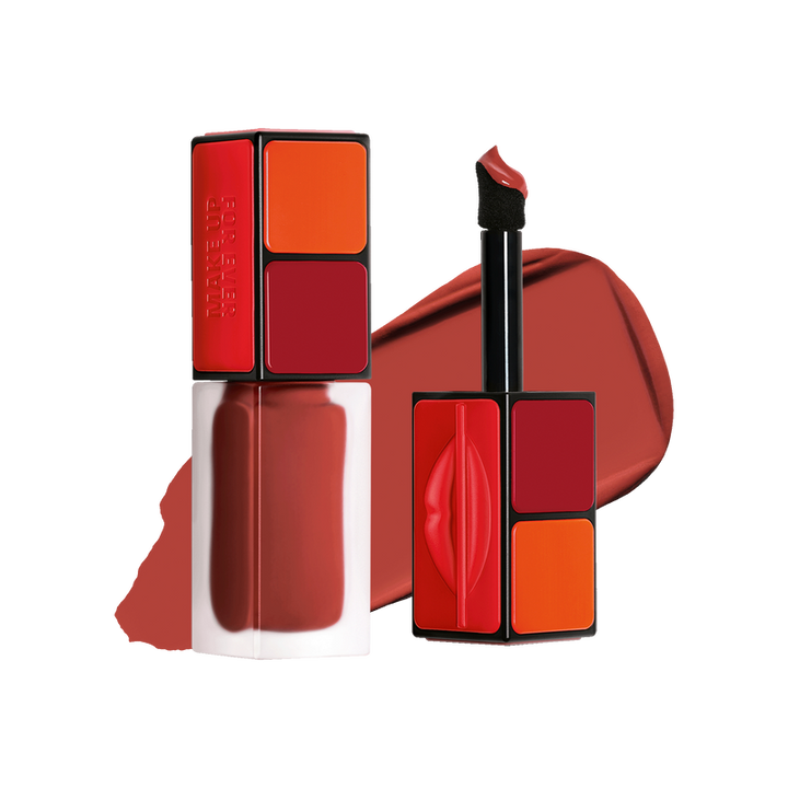 Red and orange makeup set with a compact case on a white background