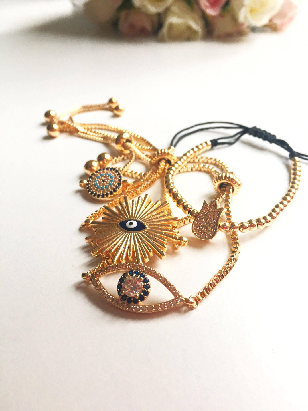 Gold Evil Eye Bracelet, Adjustable Greek Jewelry