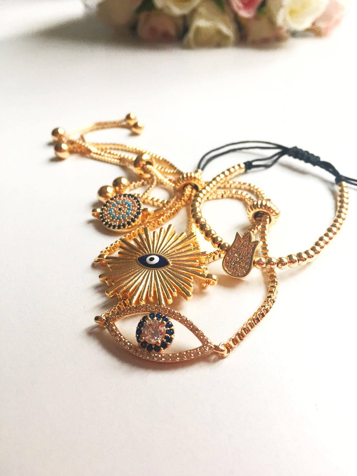 Gold Evil Eye Bracelet, Adjustable Greek Jewelry