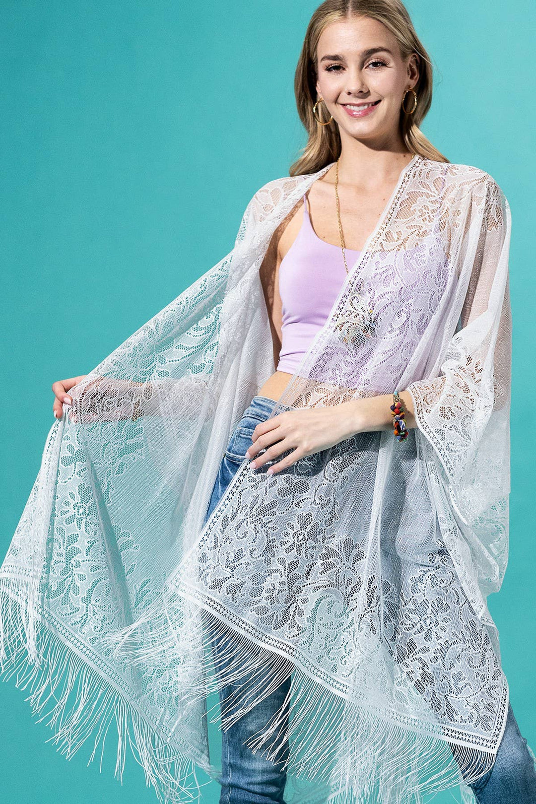 Floral Lace Kimono With Tassel