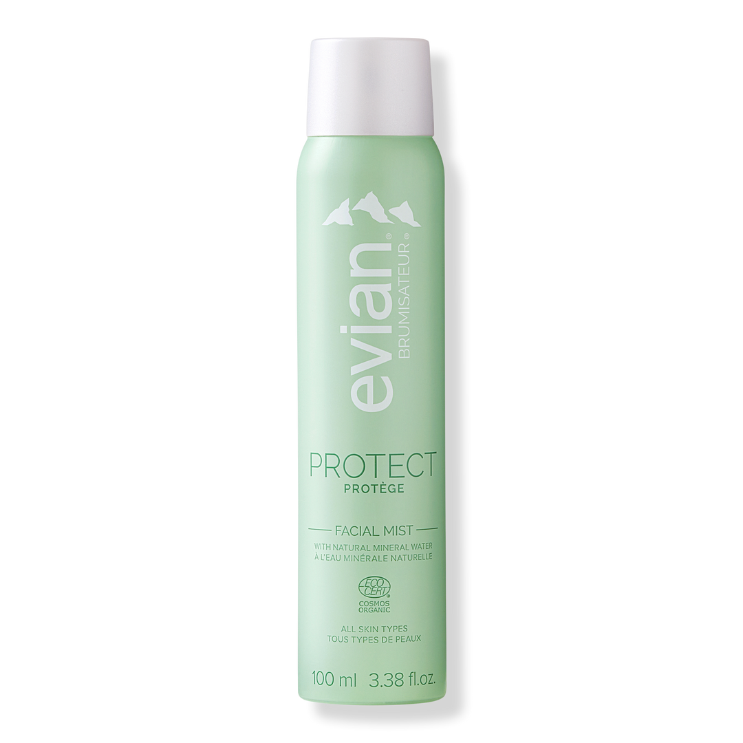 Evian facial mist bottle on a white background