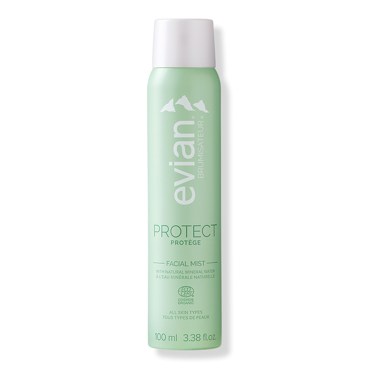 Evian facial mist bottle on a white background