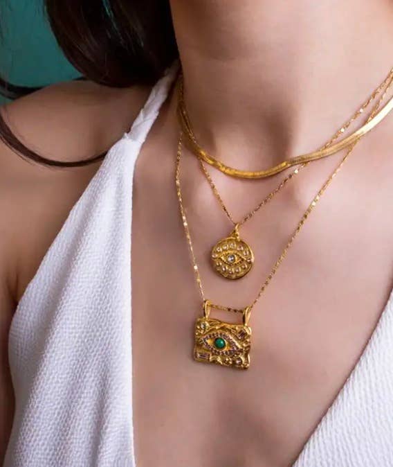 Evil Eye Protection Medallion Talisman 14K Gold Crystal Neck