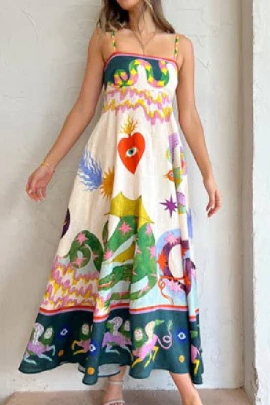 Wonderland print swing strap fairy midi dress