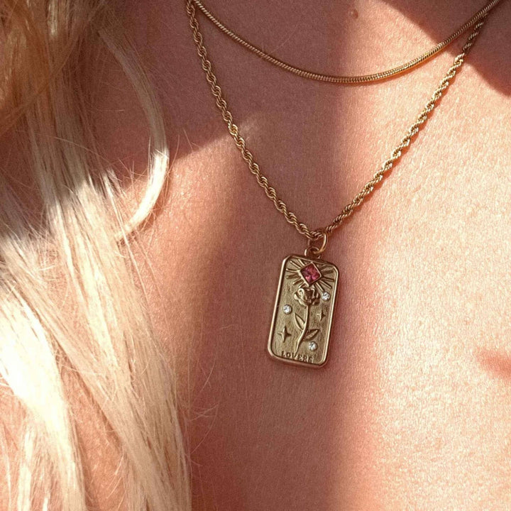 The Lovers' Tarot Card Necklace on a model close up