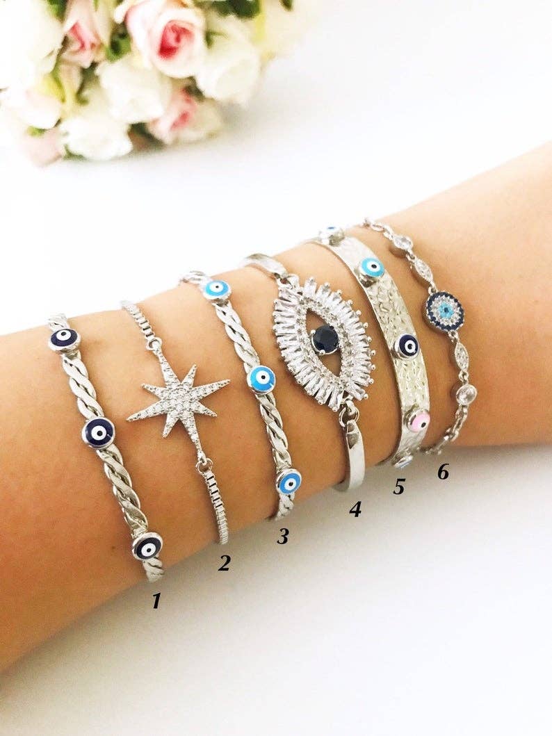Silver Evil Eye Bracelet Set, Silver Bangle Bracelet, Cz Baguette Bracelet