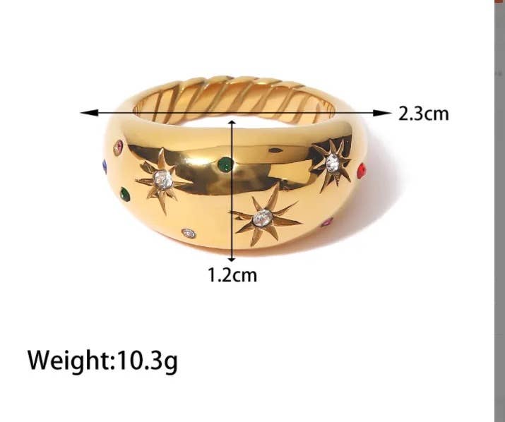 Dome Ring- Galaxy Confetti Ring- Steel 14K Gold Crystals