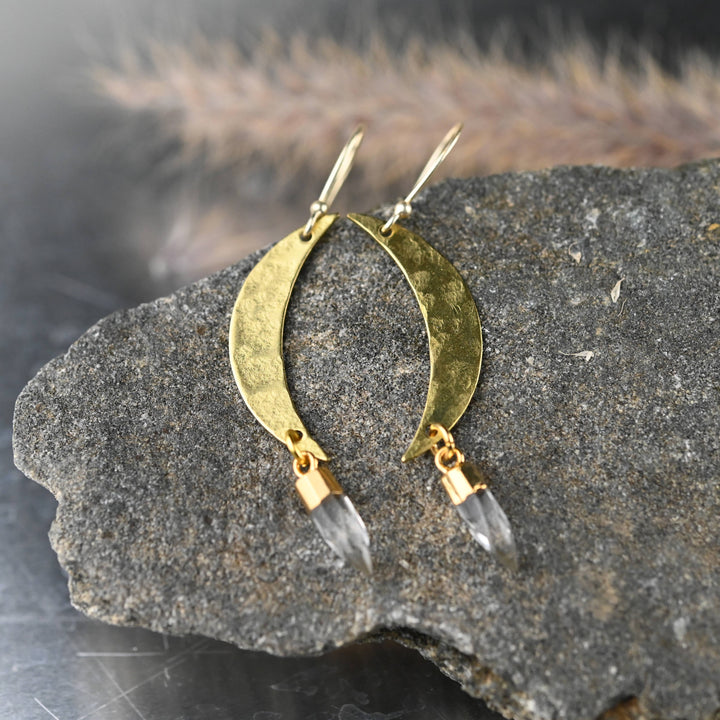 Long Hammered Moon w/ Semi Precious Crystal Point Earrings