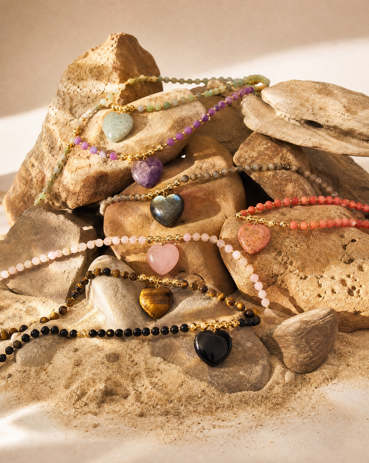 Labradorite Heart Necklace · Natural Bead Strand ·