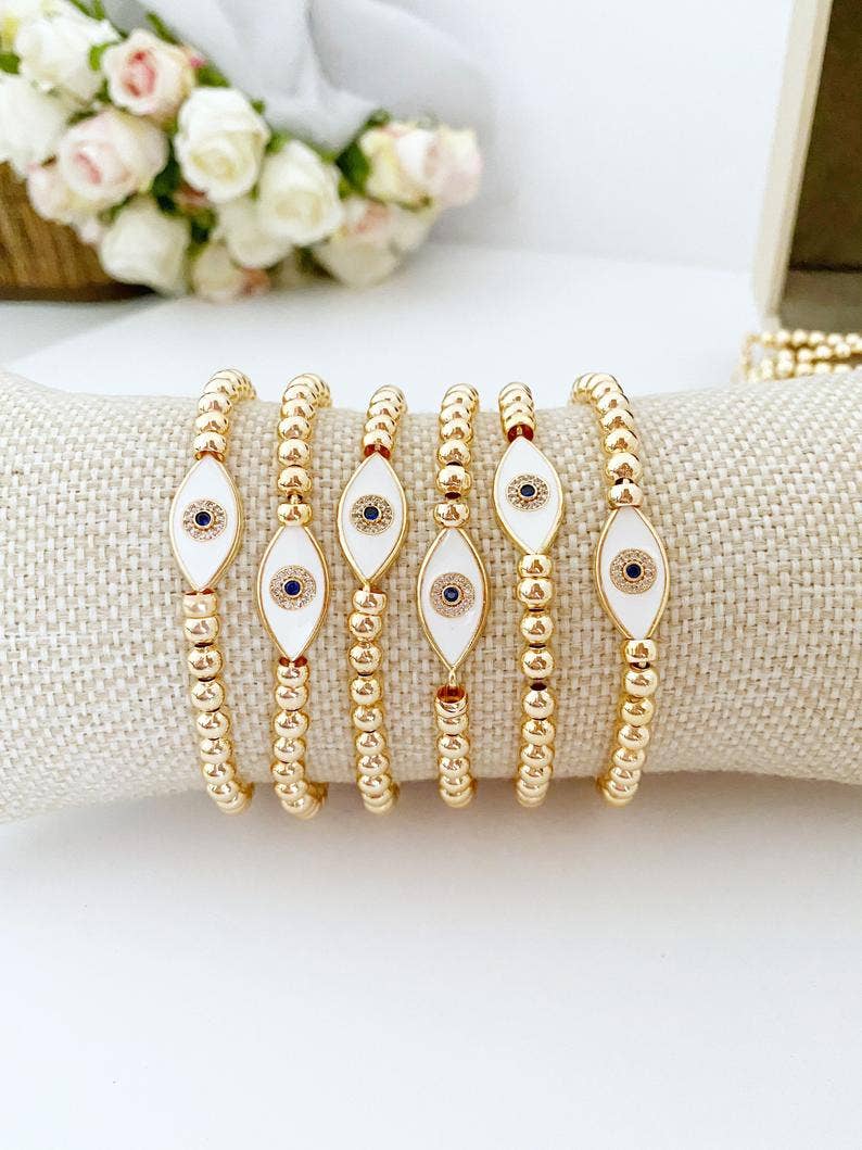 White and Gold Beaded Evil Eye Waterproof Bracelet