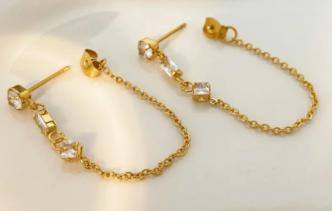 Chain Earring- 3 CZ station Chain Stainless Steel 14K Gold