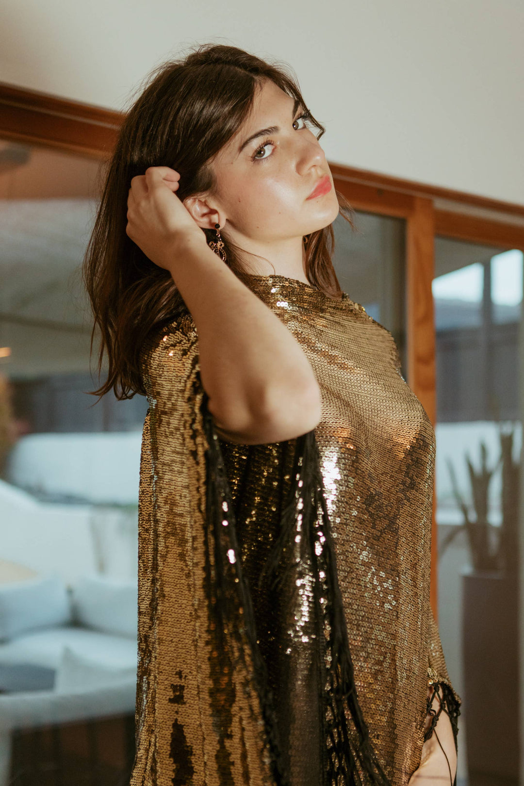 Gold Sequin Mock Neck Caftan Dress with Slip-Midnight Cabaret