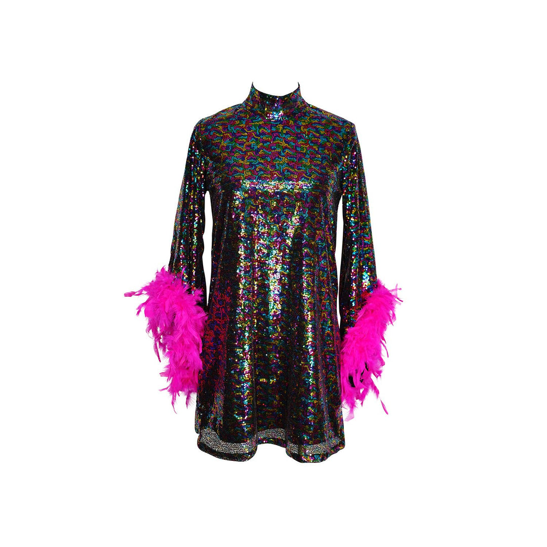 Time Warp Sequin Mini Dress with Feather Cuffs