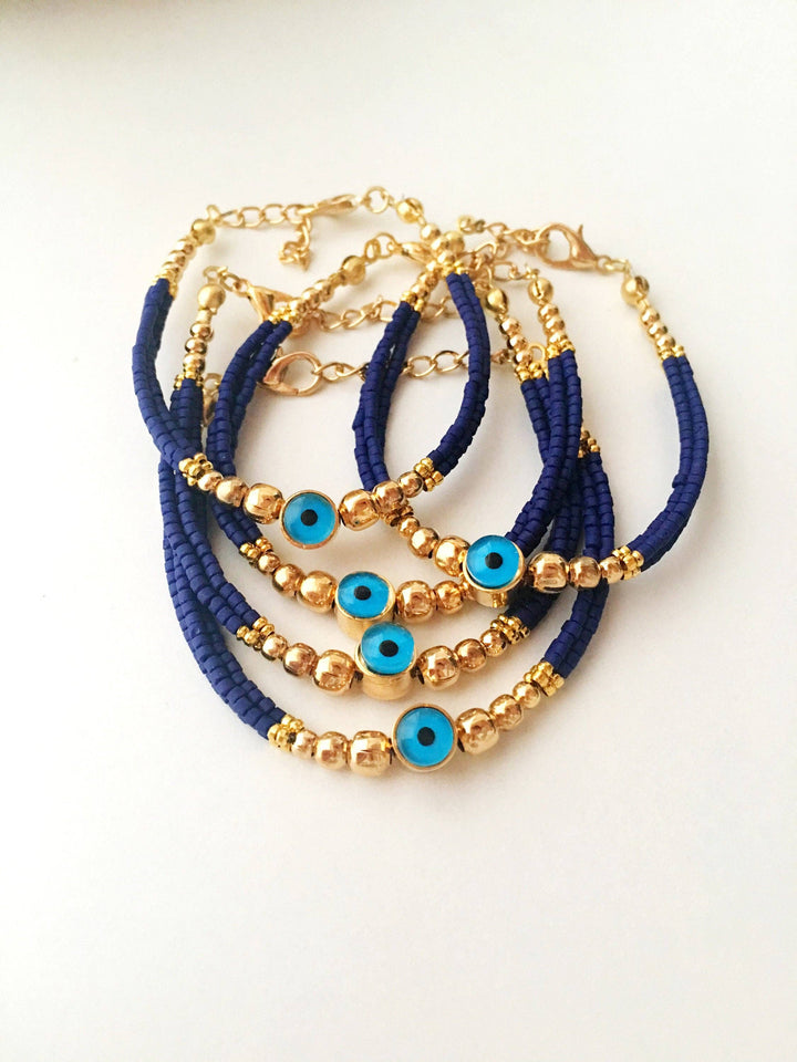 Blue Evil Eye Bracelet with Seed Beads and Evil Eye Charm Bracelet