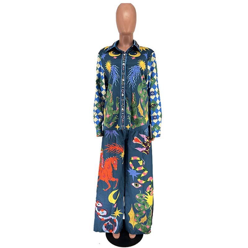 Wonderland print polyester blouse pants 2 piece set