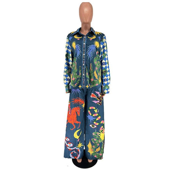 Wonderland print polyester blouse pants 2 piece set