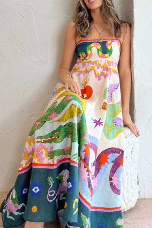 Wonderland print swing strap fairy midi dress