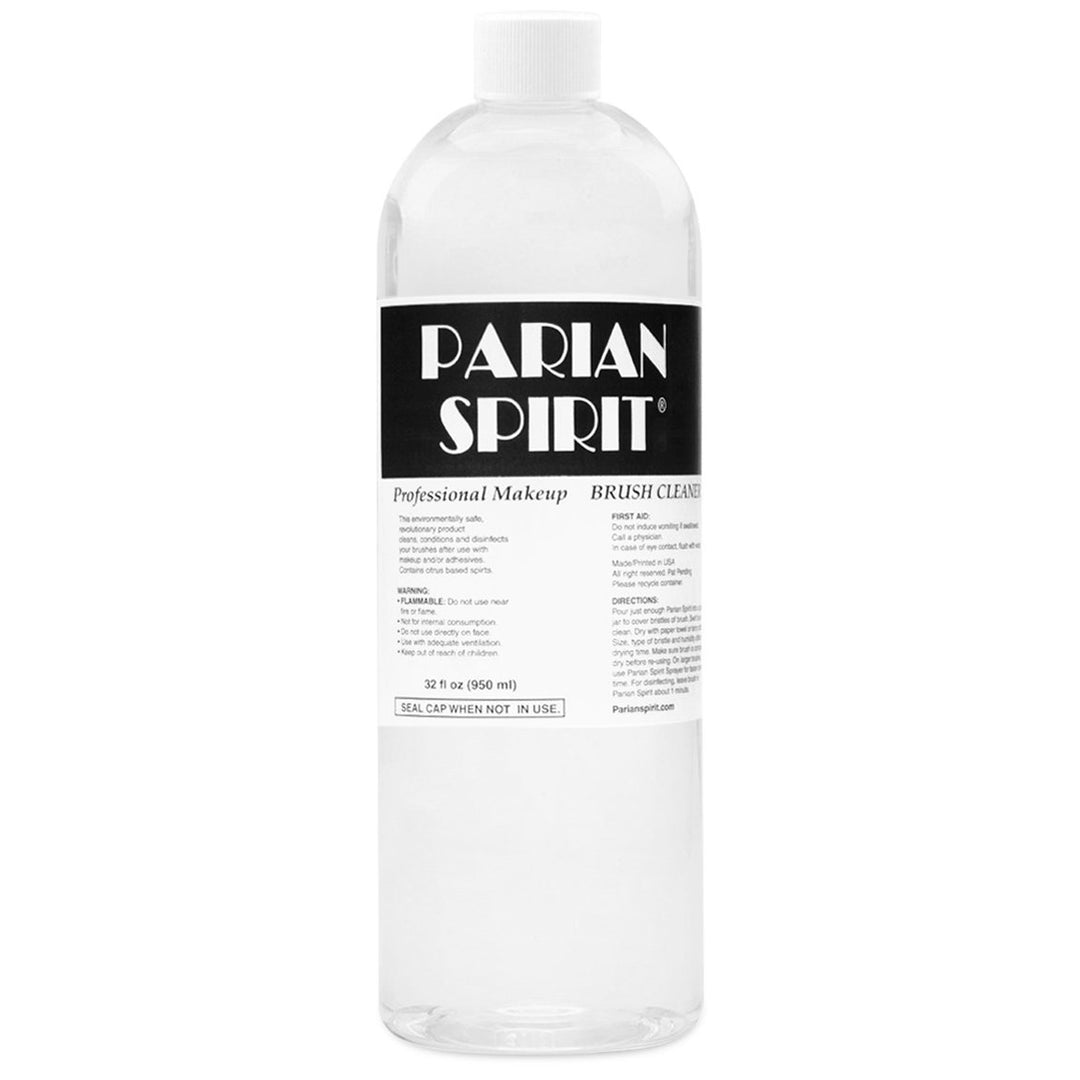 Bottle of Parian Spirit makeup brush cleaner on a white background