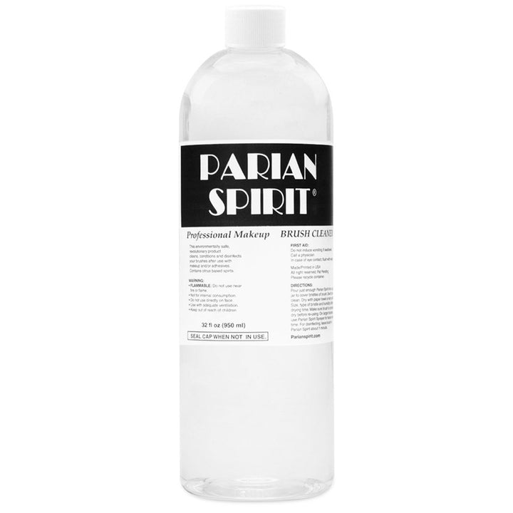 Bottle of Parian Spirit makeup brush cleaner on a white background