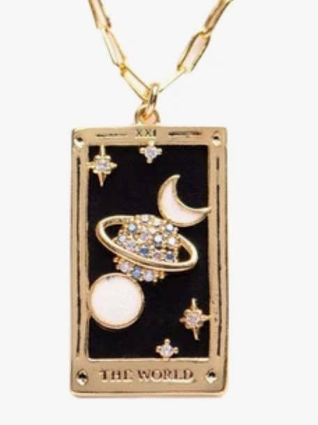 The World Enamel Tarot Card Necklace 18K with paperclip chain