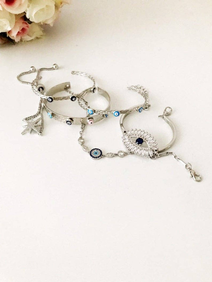 Silver Evil Eye Bracelet Set, Silver Bangle Bracelet, Cz Baguette Bracelet