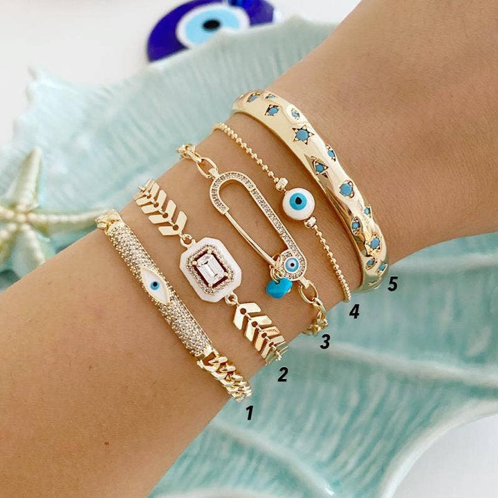 White Evil Eye Bracelet, Gold Evil Eye Jewelry Set, Greek Ev