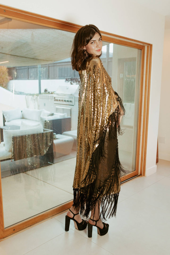 Gold Sequin Mock Neck Caftan Dress with Slip-Midnight Cabaret