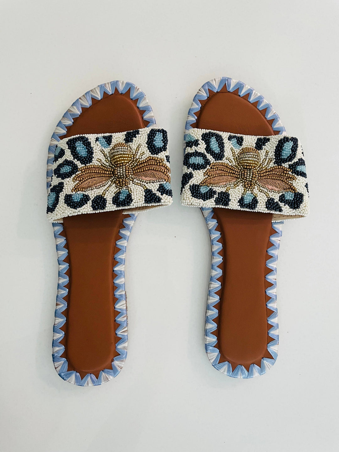 Queen Bee Beaded Slides. Blue Leopard Glam
