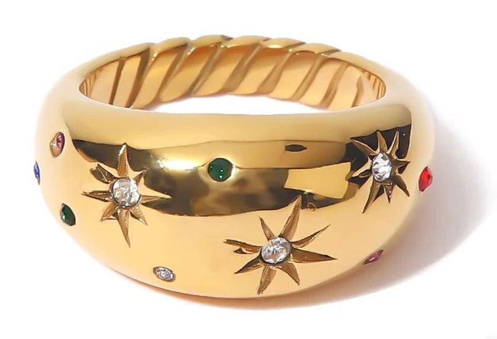Dome Ring- Galaxy Confetti Ring- Steel 14K Gold Crystals