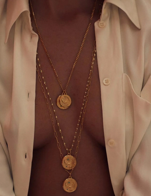  Athena Luna Coin Charm Necklace, Stainless Steel- 14K gold