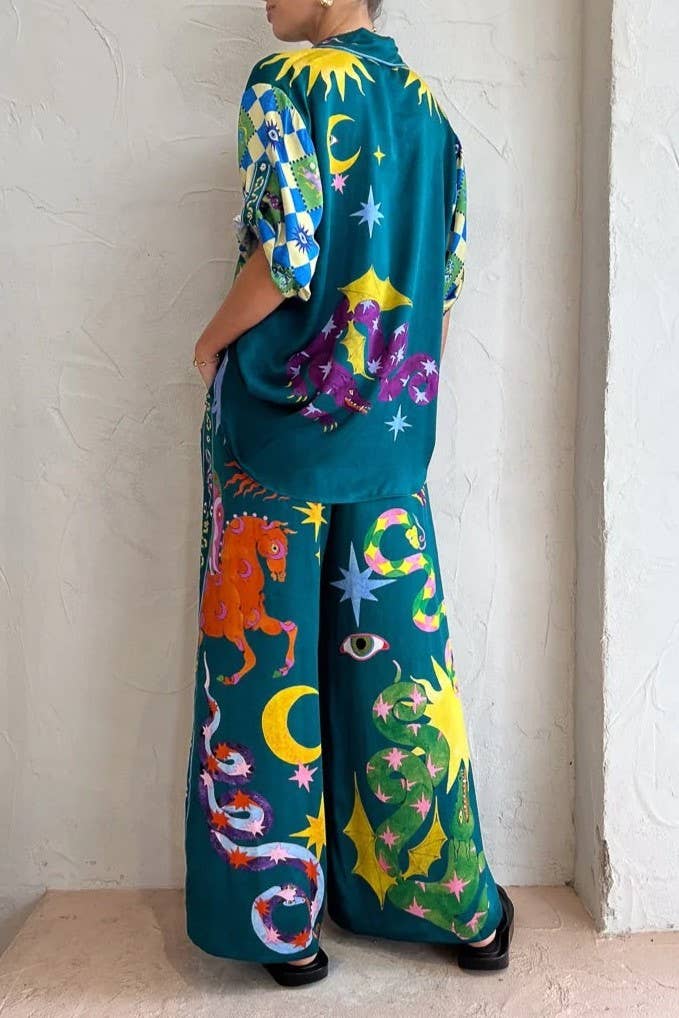 Wonderland print polyester blouse pants 2 piece set